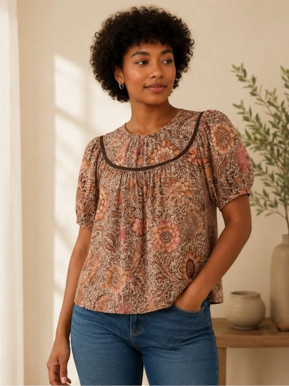 Madewell Brown Bali Blooms Yoked Puff Sleeve Blouse Top EUC M #1059